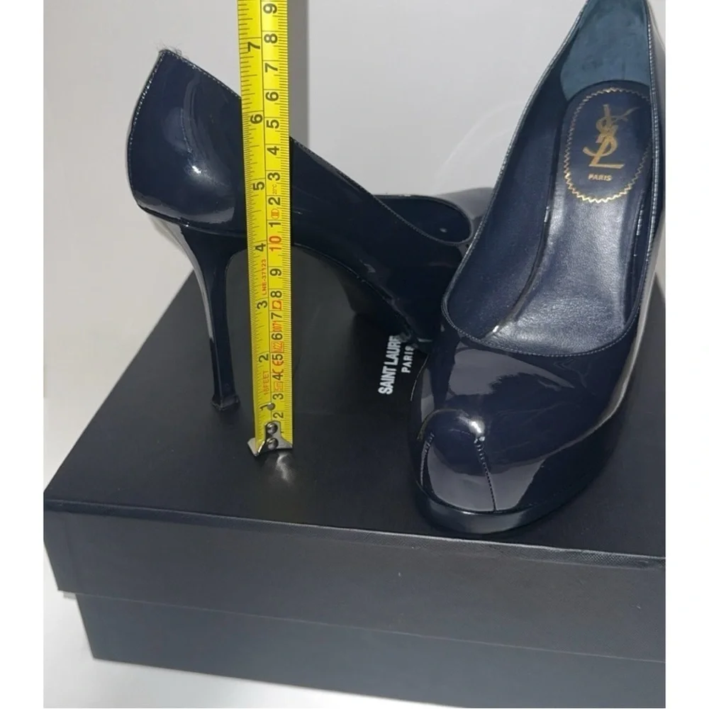 SAINT LAURENT Tribtoo 80 Patent Navy Blue Leather Heel Round Toe Pumps Size 40 - Picture 11 of 16